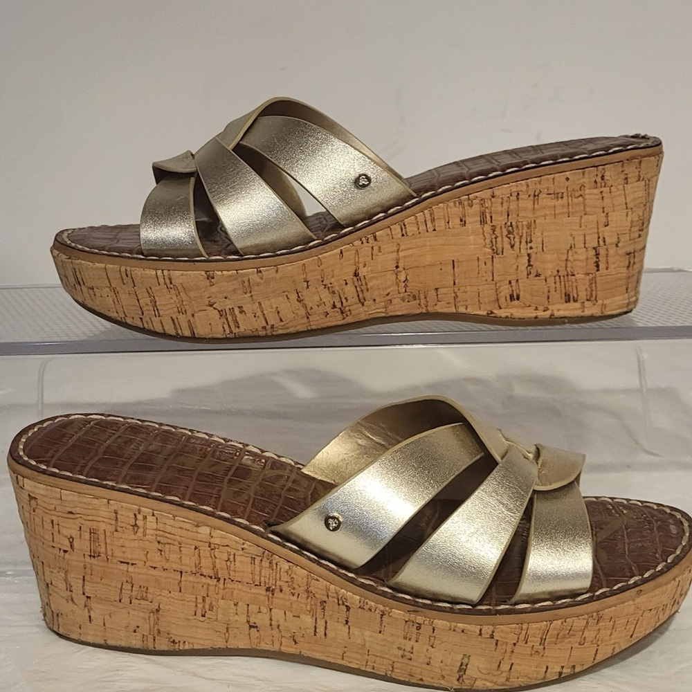 ✨PRICE DROP...SAM EDELMAN Raynere gold leather platform wedge mules